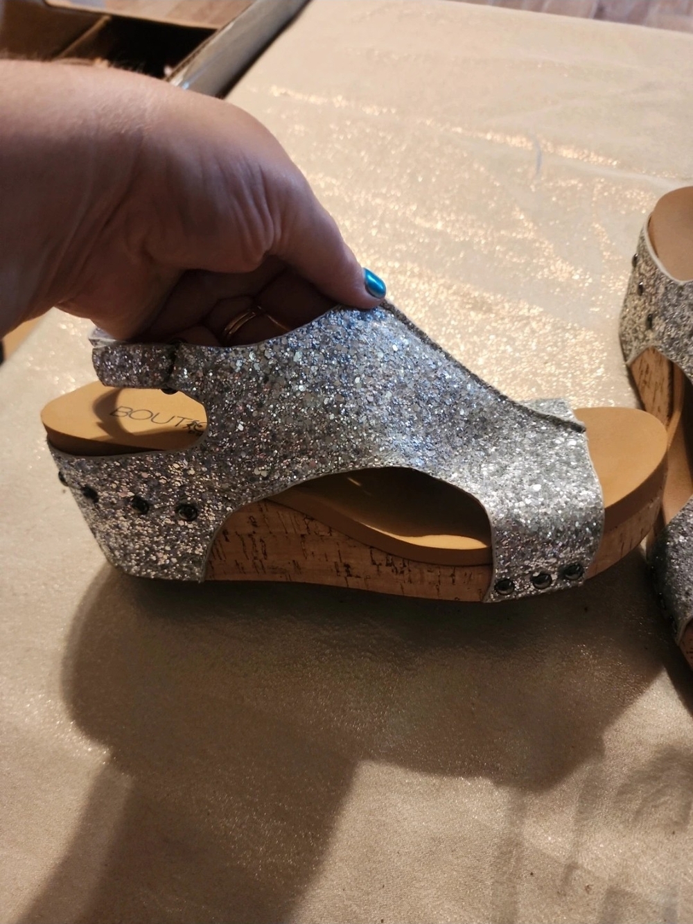 Sparkling Silver Cork Wedge Sandals - Women's Glitter Slingback Wedges